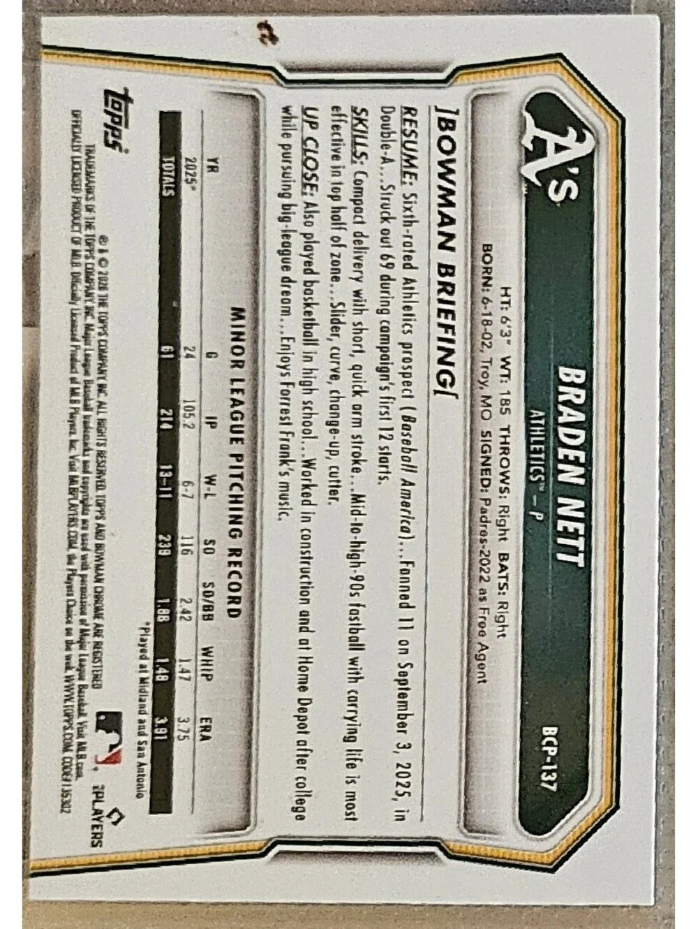 2026 Bowman Chrome Prospects 1st Braden Nett #BCP-139 - A's